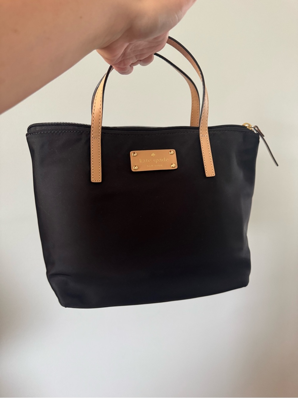 kate spade Black Nylon Tote with Tan Leather Handles and Gold Plaque